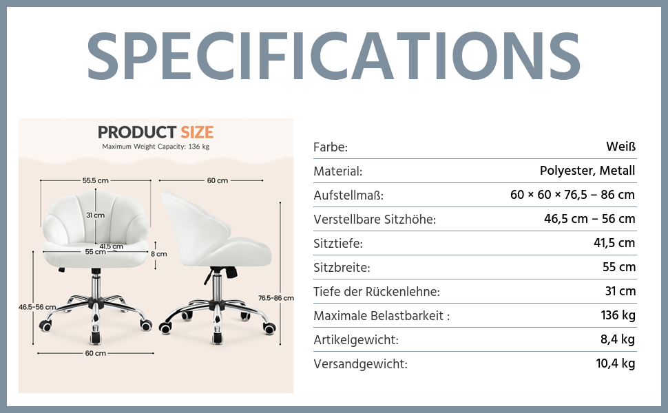 Крісло Yaheetech для дому та офісу: пуф для макіяжу, крісло з регулюванням висоти, обертове, біле, до 136 кг