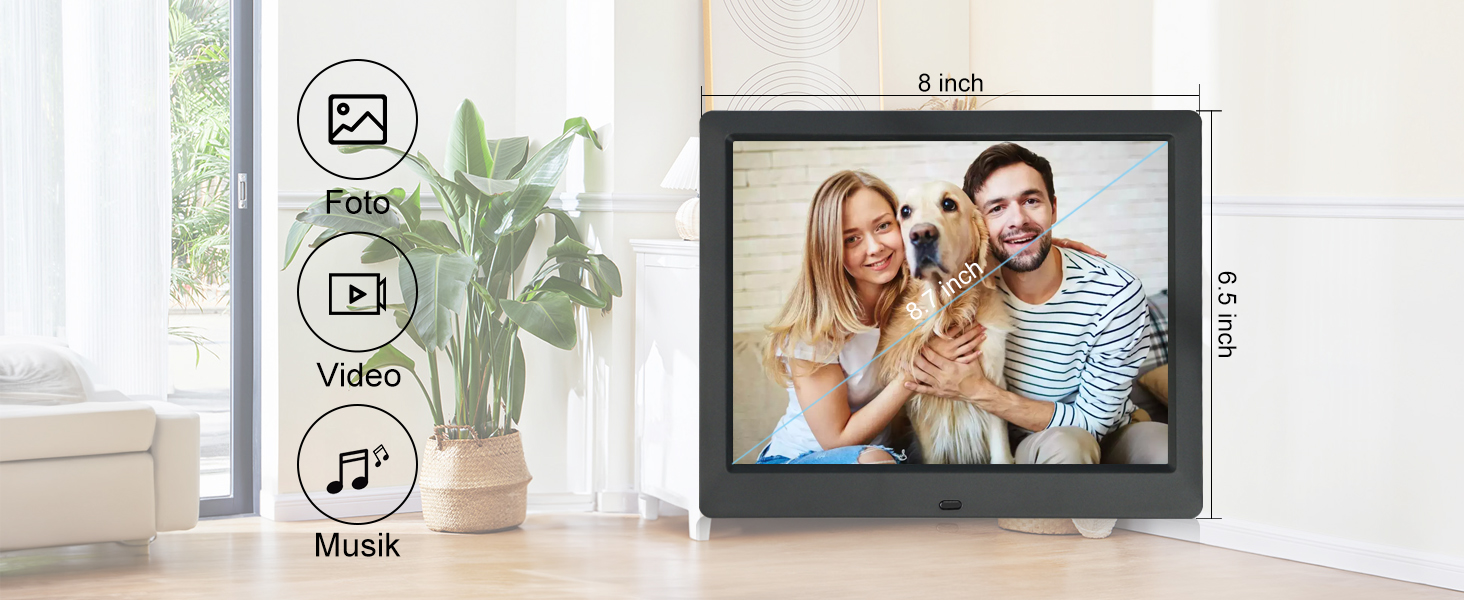 Цифровий фоторамка TSITSC 8.7 дюйма, IPS-екран 1024*768, календар, годинник, музика, фото/відео, USB/SD, з пультом, чорний