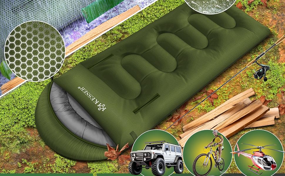 Спальний мішок KESSER Outdoor для дорослих та дітей, всесезонний (3-4 сезони), водовідштовхуючий та теплий, Khaki, 220 x 83 см, з ліхтариком та бічною кишенею