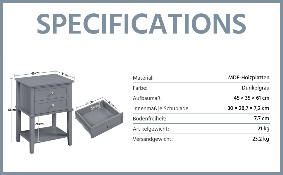 Тумбочка Yaheetech 2X, дерево, 45x35x61см, темно-сіра, 2 ящики, полиця