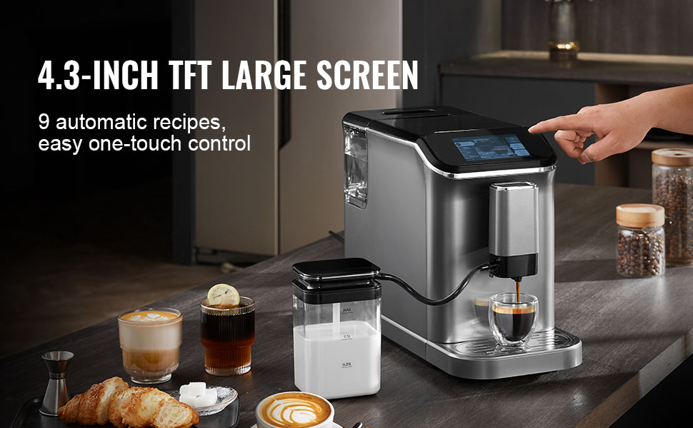 Автоматична кавомашина VEVOR CM9002A-GS з вбудованою кавомолкою, 15 ступенів помелу, резервуар для води 1.5 л, контейнер для зерен 180 г