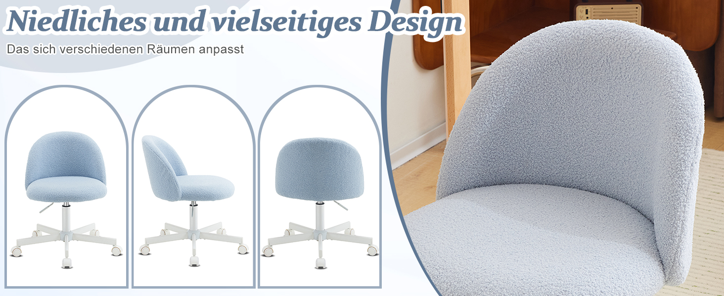 Офісне крісло Bonnlo з роликами, крісло для туалетного столика, регульоване по висоті, для робочого кабінету, спальні, home office, з м'якої тканини Teddy, біле (світло-блакитне)