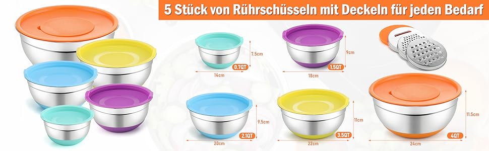 Набір мисок Hunnycook 7 шт. з нержавіючої сталі з кришкою, 5L, 4.5L, 4L, 2.4L, 1.7L, 1.25L, 0.8L, миски для салатів, стійкі до миття в посудомийній машині