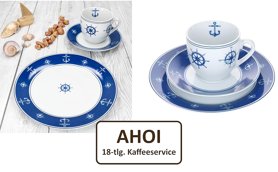 MamboCat AHOI кавовий сервіс 18 предметів (6 осіб) блакитно-білий порцелан з морськими мотивами (якір) | 6 чашок 200 мл, 6 тарілок, 6 підставок