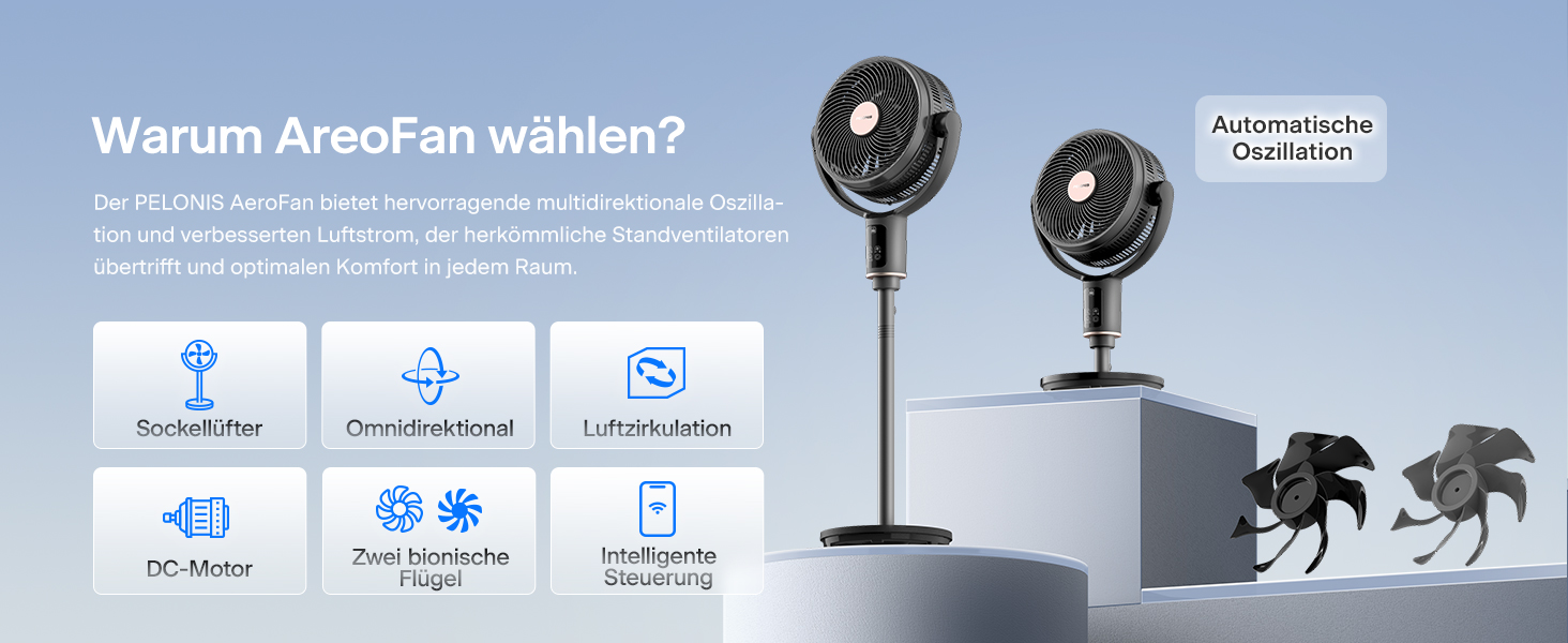 PELONIS вентилятор підлоговий Smart з осциляцією, DC мотор, 9 швидкостей, 26dB, регулювання висоти 36-110см, 9H