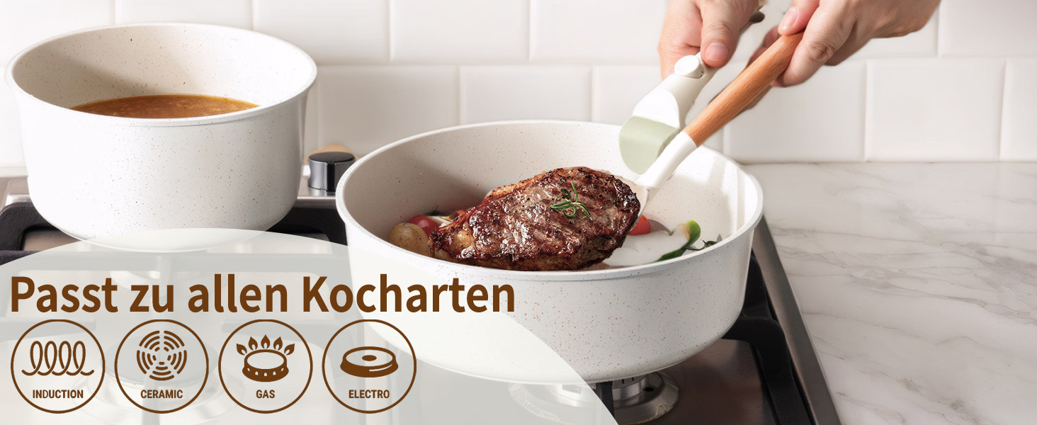 17-ти частинний набір каструль з знімним ручками: Набір посуду Induktion з антипригарним покриттям для всіх типів плит, придатний для миття в посудомийній машині (молочний білий)