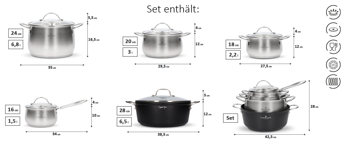 Набір каструль ZWIEGER haus & küche 10 предметів 16/18/20/24/28 см нержавіюча сталь