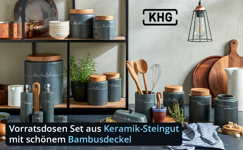 Контейнер для зберігання KHG, кераміка, сірий антрацит з дерев'яним кришкою, 4 кг, круглий, з маркуванням, набір, висота 28 см
