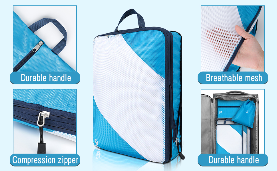 Набір компресійних органайзерів для одягу в подорожі AiQInu, 5 шт. (з мішком для прання та взуття), ультралегкі розширювані пакувальні куби для валізи та ручної поклажі, небесно-блакитний