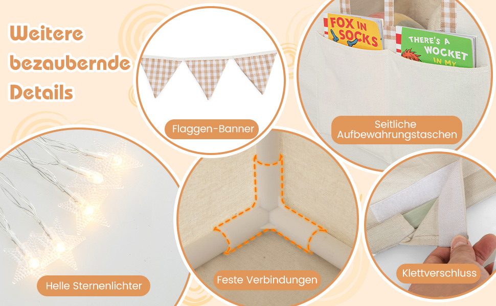 Дитячий намет GOPLUS з м'яким килимком, зірочками та китицями, ігровий будиночок для дому та вулиці з вікнами, дверима та кишенями, для дітей від 3 років (Рожевий)