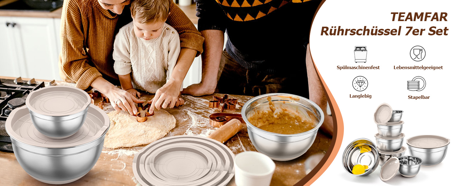 Набір місок TEAMFAR з нержавіючої сталі: салатові міски з кришкою та силіконовим дном, 0.7-6.5 л, (Хакі, 2)