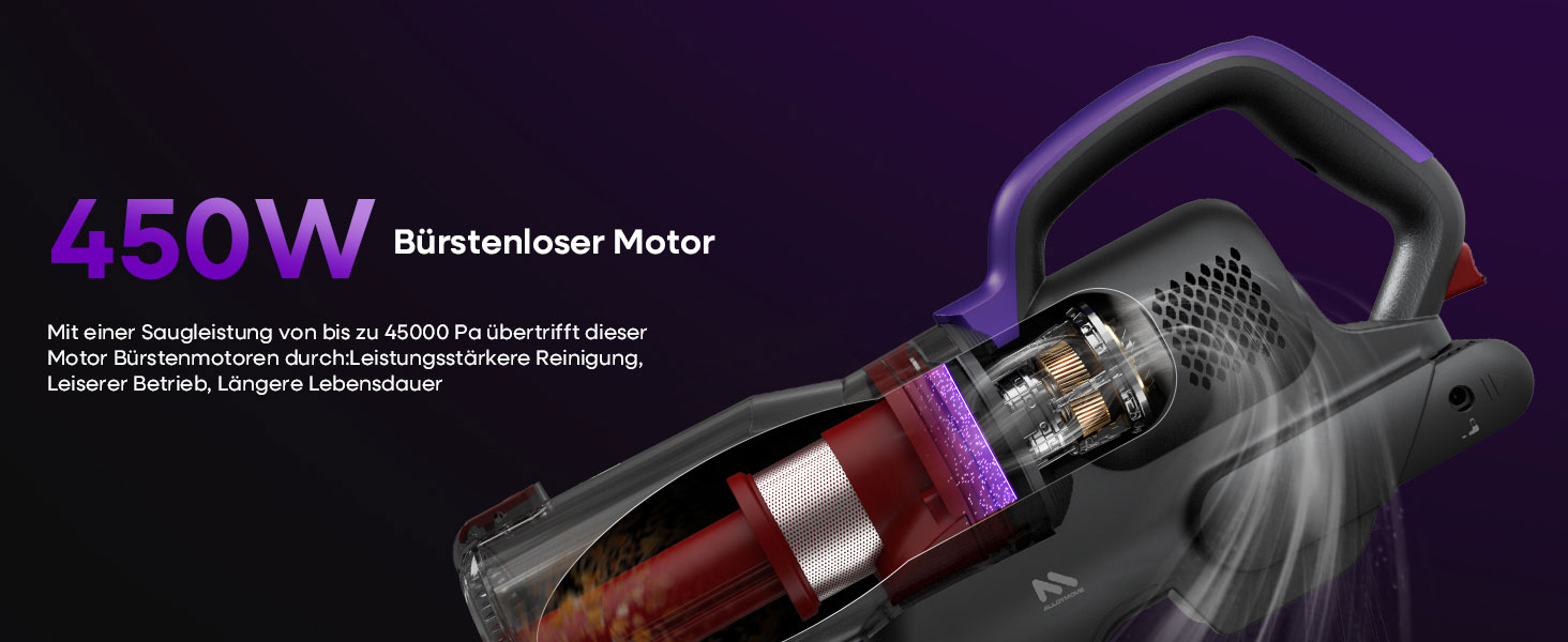 Акумуляторний бездротовий пилосос AlloyMove A03 Lila: 45000Pa, 450W, 60 хвилин, LED, для тварин, килимів, твердих поверхонь