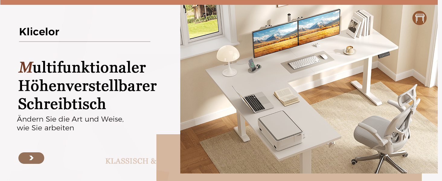 Електричний кутовий стіл Klicelor з регулюванням висоти, 190 x 155 см. 3 функції пам'яті, антиколізійна технологія, ергономічний комп'ютерний стіл, білий