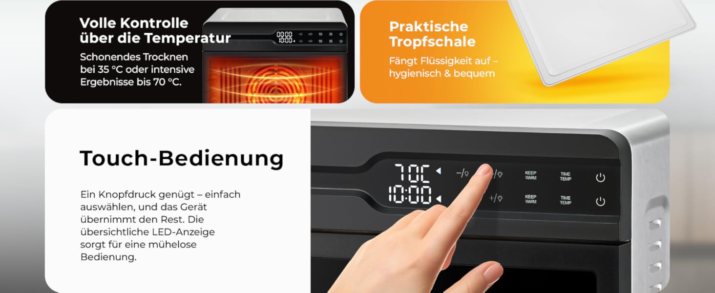 Електрична сушарка для фруктів та овочів Balter з нержавіючої сталі, 12 ярусів, 1100 Вт, 70 л, 12000 см² поверхні сушіння, BPA-free, 35–75 °C, таймер до 72 год, 2 камери