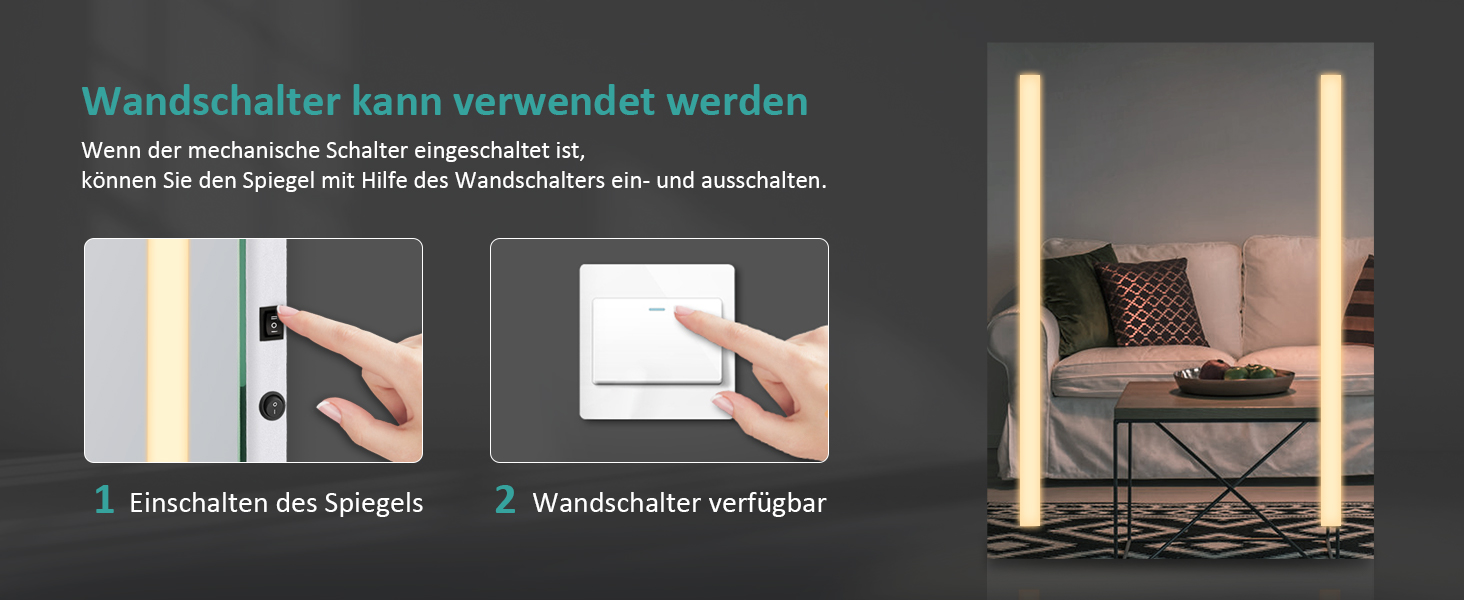 Дзеркало для ванної кімнати EMKE з підсвічуванням 60x80 см, 2 кольори світла, антизапарник, вимикач-кришка, IP44, енергозберігаюче LED, 60L x 80B см