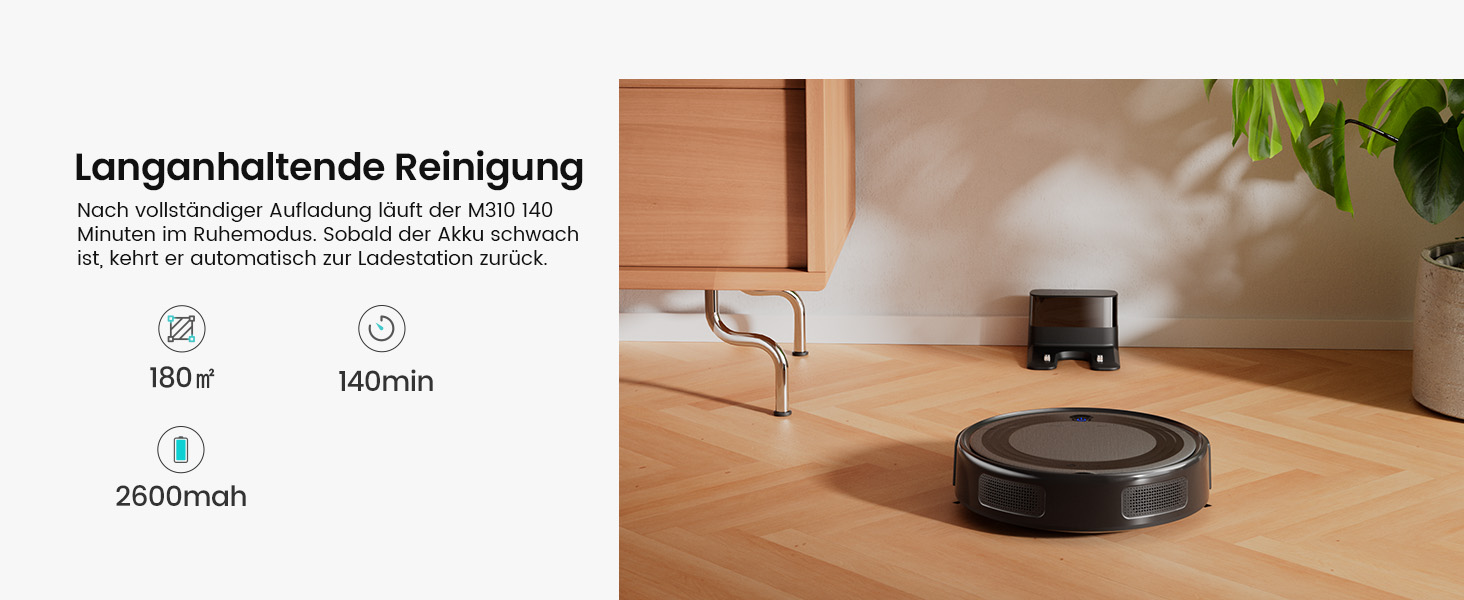 Робот-пилосос LEFANT M310: потужність 4500Pa, 180 хвилин роботи, 4 режими, Wi-Fi, керування через додаток та Alexa, для тварин та твердих підлог