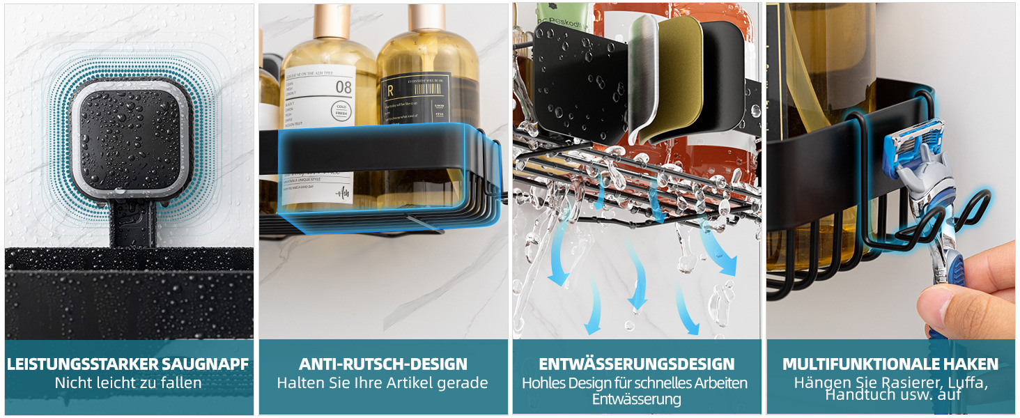 Корзина для душу TAILI з нержавіючої сталі, без свердління, чорна, 2 шт.