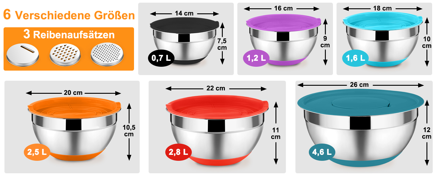 Набір мисок Onader з нержавіючої сталі: салатники з кришкою та 3 терками для кухні. Об'єм: 4л, 2.8л, 2.5л, 1л, 1.2л, 0.7л. Складається з 6 мисок, можна складати та мити в посудомийній машині.