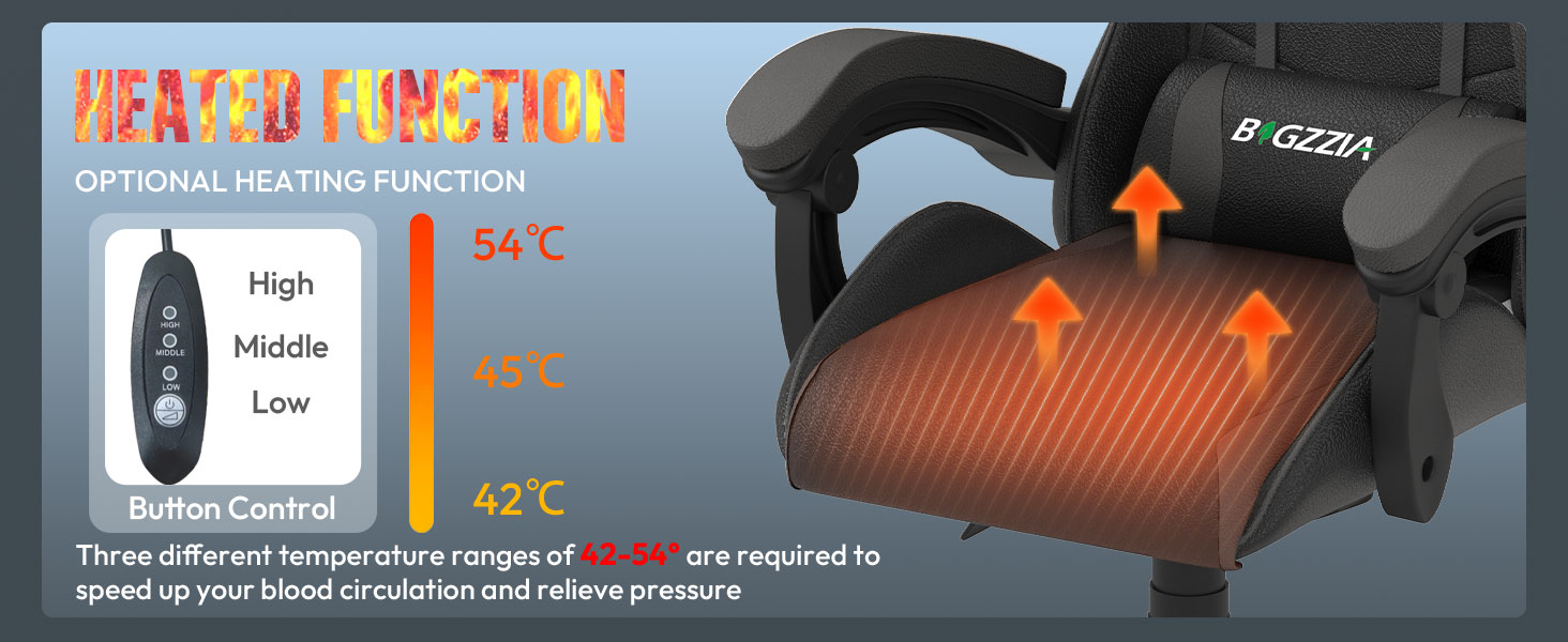Ігровий крісло Bigzzia з підігрівом, регульована спинка 90-135°, ергономічний дизайн, підголовник та підлокітники, дихаючий матеріал, сірий колір