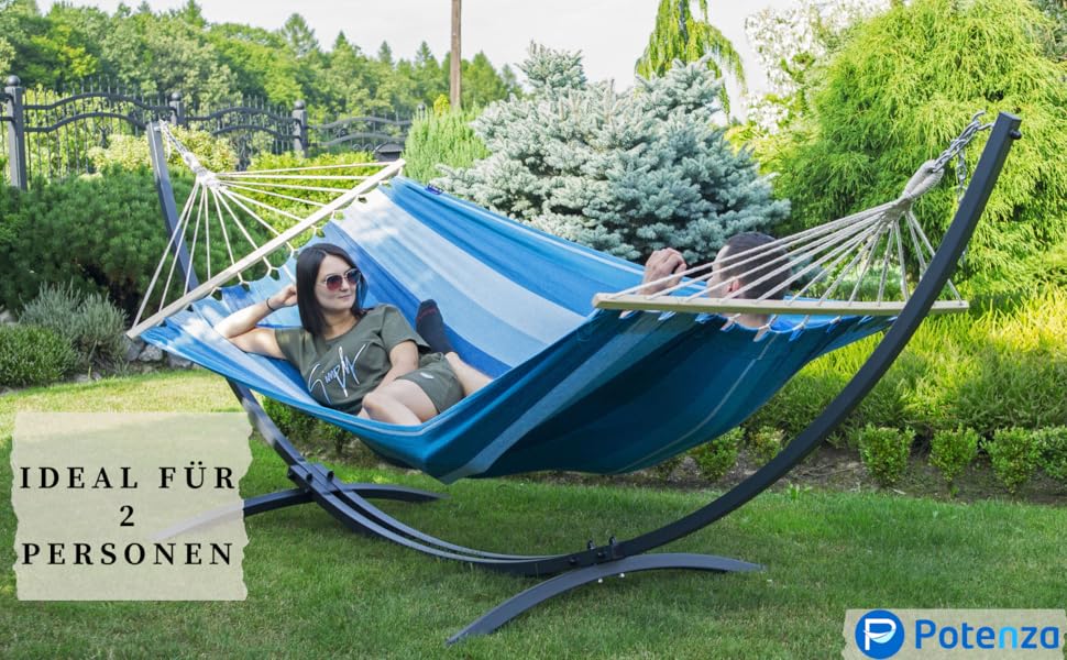 Гамак з підставкою Potenza Outdoor для 2 осіб XXL (220x160 см), витримує до 200 кг, стійкий до погодних умов, колір зелено-блакитний, стійка графіт