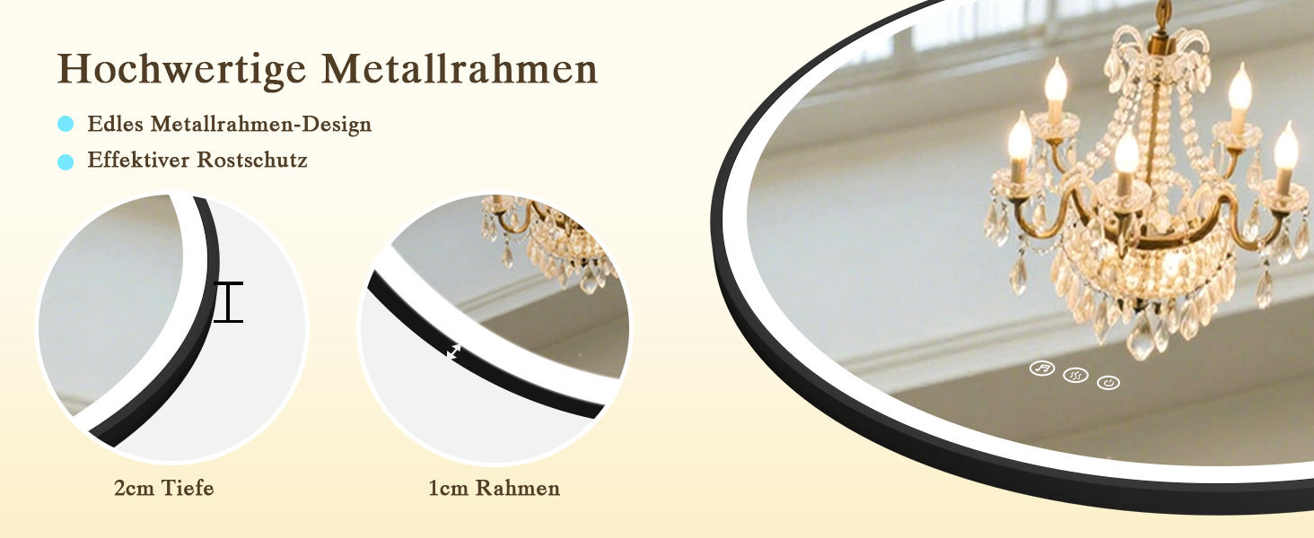 Дзеркало для ванної кімнати з підсвічуванням LED, кругле, 50 см, сенсорне керування, регулювання яскравості, функція пам'яті, захисне скло HD, захист від вибуху, Bluetooth, антизапар, металевий каркас, 60x60 см