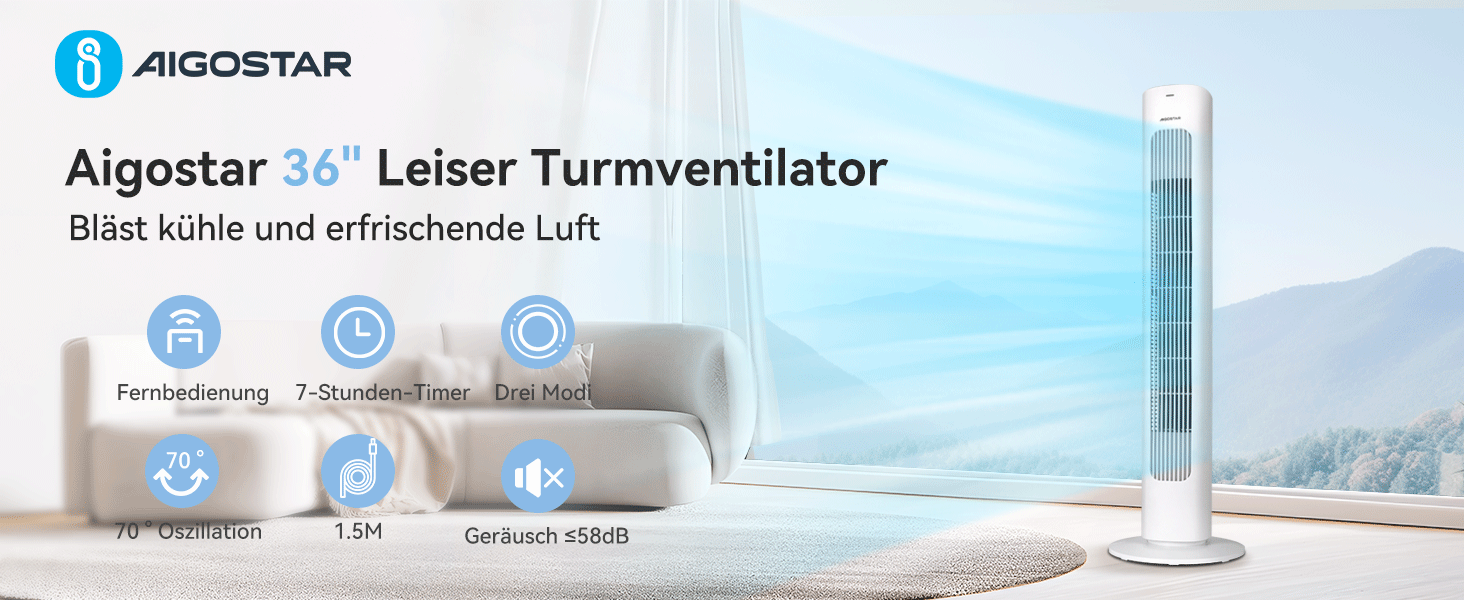 Вентилятор Tower Aigostar Turmventilator з пультом, 70° осциляція, таймер 7 год, 3 режими/швидкості, енергоефективний, 2 шт.