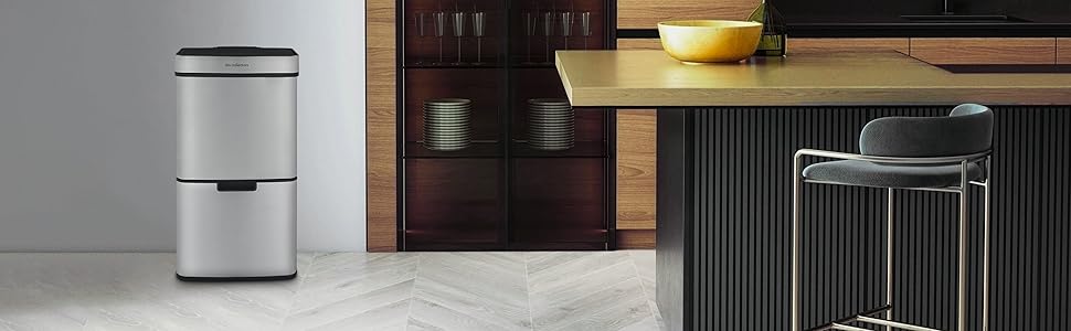 Сміттєвий бак Les Collectors з нержавіючої сталі, 69 л, 3 відсіки (47+11+11 л), автоматичне відкриття, інфрачервоний датчик, тиха закриття, дизайн з нержавіючої сталі