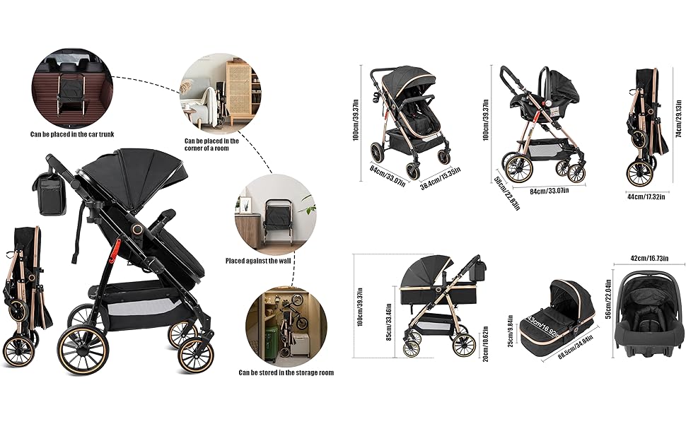 Дитяча коляска 3 в 1 Magic ZC 360° з обертовим сидінням, PU-шкіра, комплект з аксесуарами, складана, легка, чорний (906 Black, V8 Black)