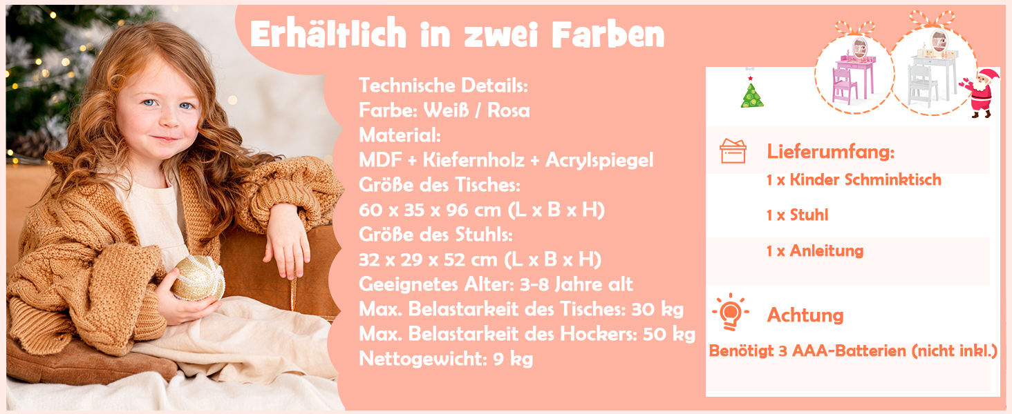 Дитячий туалетний столик DREAMADE з LED-дзеркалом та ніжками з бука, принцесовий туалетний столик з шухлядою та стійкою для прикрас, дитячий туалетний столик з пуфом для дівчаток (Рожевий)