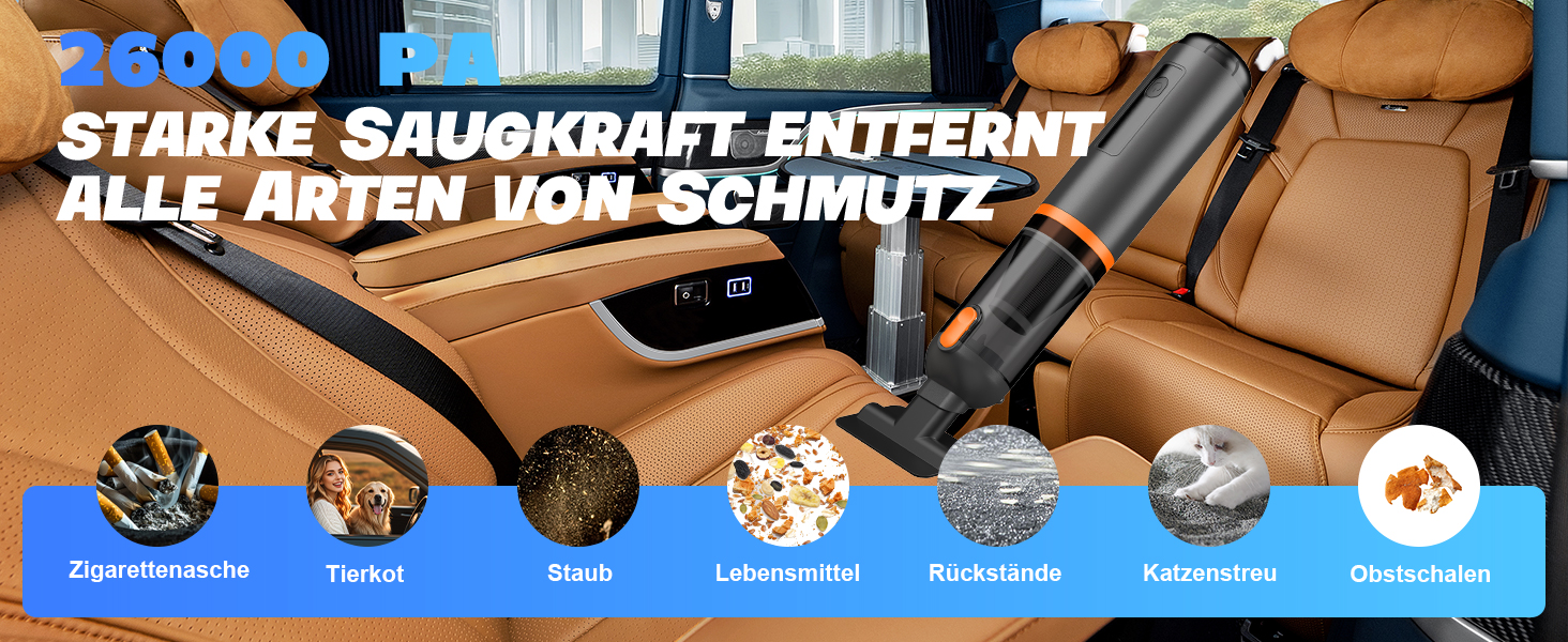 Акумуляторний ручний пилосос для авто та дому 4-в-1, безщітковий мотор, потужність 26000Па, 3 режими всмоктування, з підсвіткою (Помаранчевий)