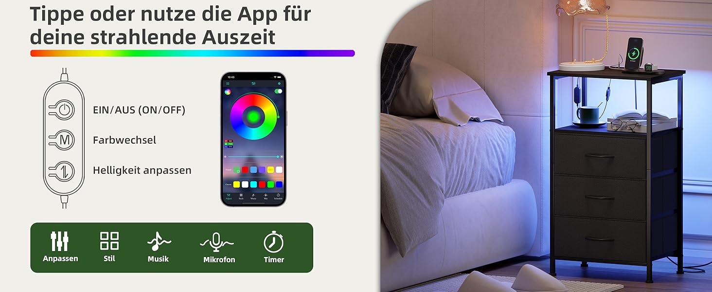 Нічний столик Somdot з підзарядкою, LED, розеткою (USB, Type-C) для спальні, вітальні, дитячої кімнати, чорний, 30x40x60/72 см (2/3 ящики)