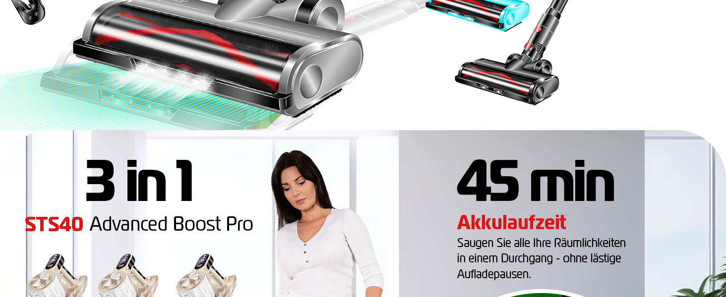 Бездротовий акумуляторний пилосос KESSER® з LED дисплеєм та аромакапсулою | Бездротовий пилосос без мішка з антизаплутаною насадкою, HEPA-фільтром, час роботи до 60 хвилин, для твердих поверхонь та килимів, чорний/червоний