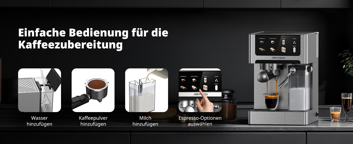 Еспресо-машина Siebträger з подвійним бойлером, 20 Bar, автоматичний спінювач молока, для капучино та лате, нержавіюча сталь, 1.8L бак, сенсорний екран