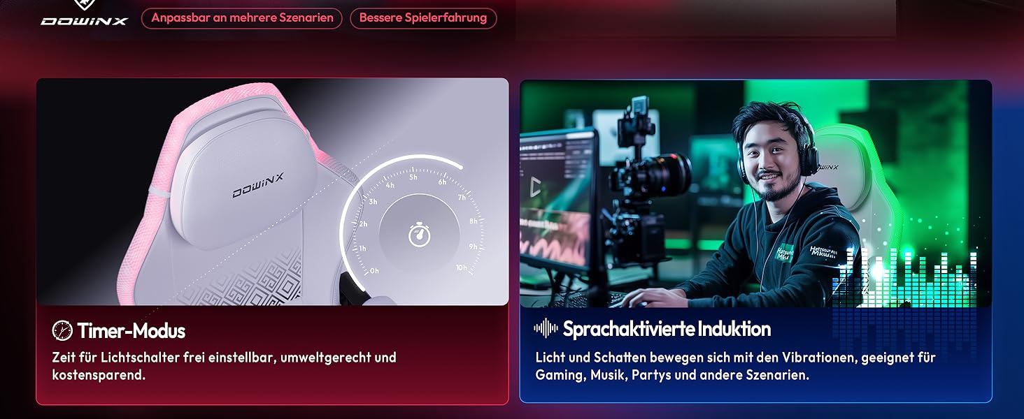 Ігровий крісло Dowinx з RGB підсвічуванням, LED, з підніжкою, для дорослих, ергономічний, з масажем попереку, з PU шкіри, білий