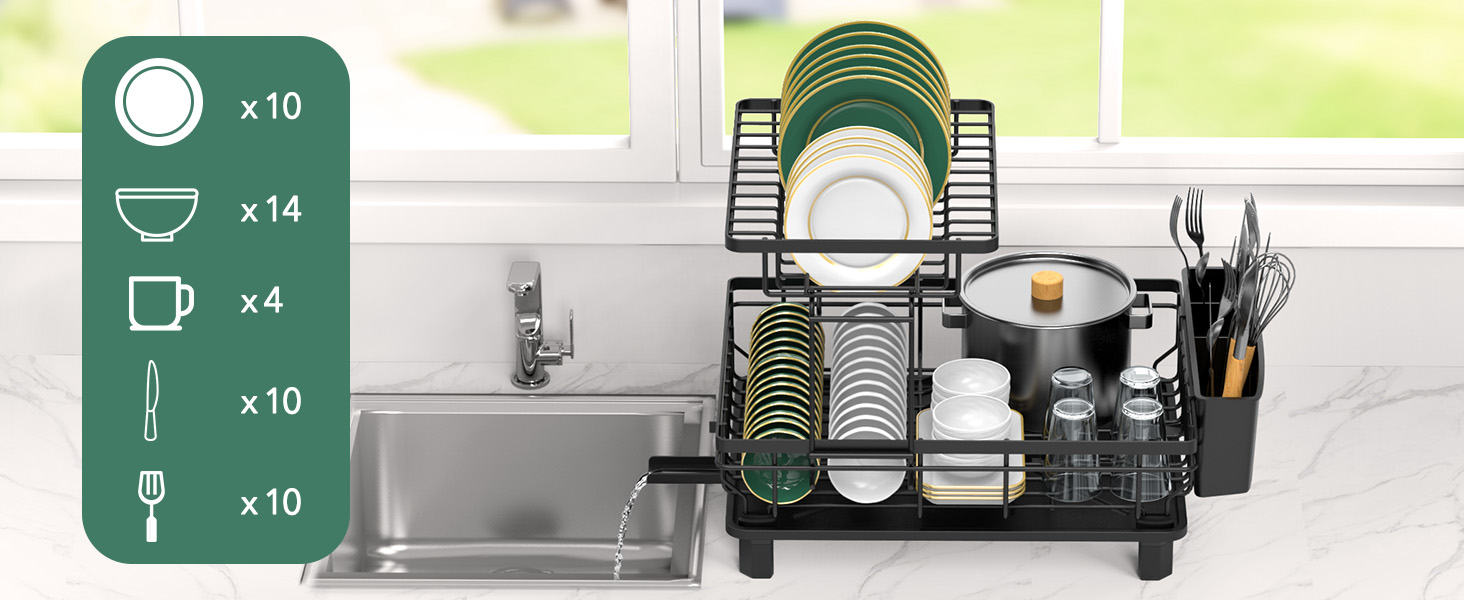 Сушарка для посуду ROTTOGOON розширювана, 2-ярусна, чорна: нержавіюча сталь, з висувним носиком та відділенням для столових приборів