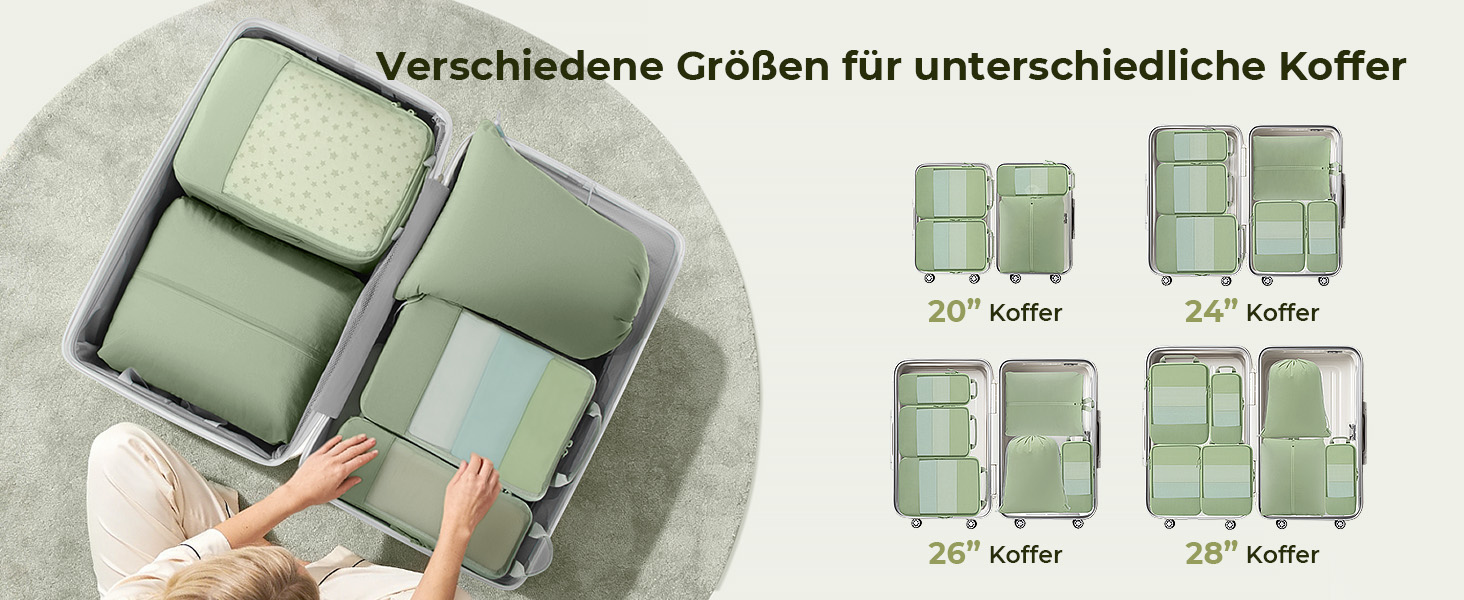 Набір компресійних органайзерів для одягу в подорожі 8 предметів, дорожні сумки-пакувальники для валізи та рюкзака, Matcha Green