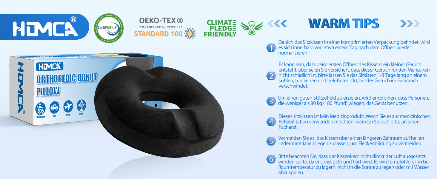 Подушка для сидіння HOMCA Orthopedic Memory Foam Donut, ергономічна для інвалідного візка, автомобіля, офісу, 45x40x9 см