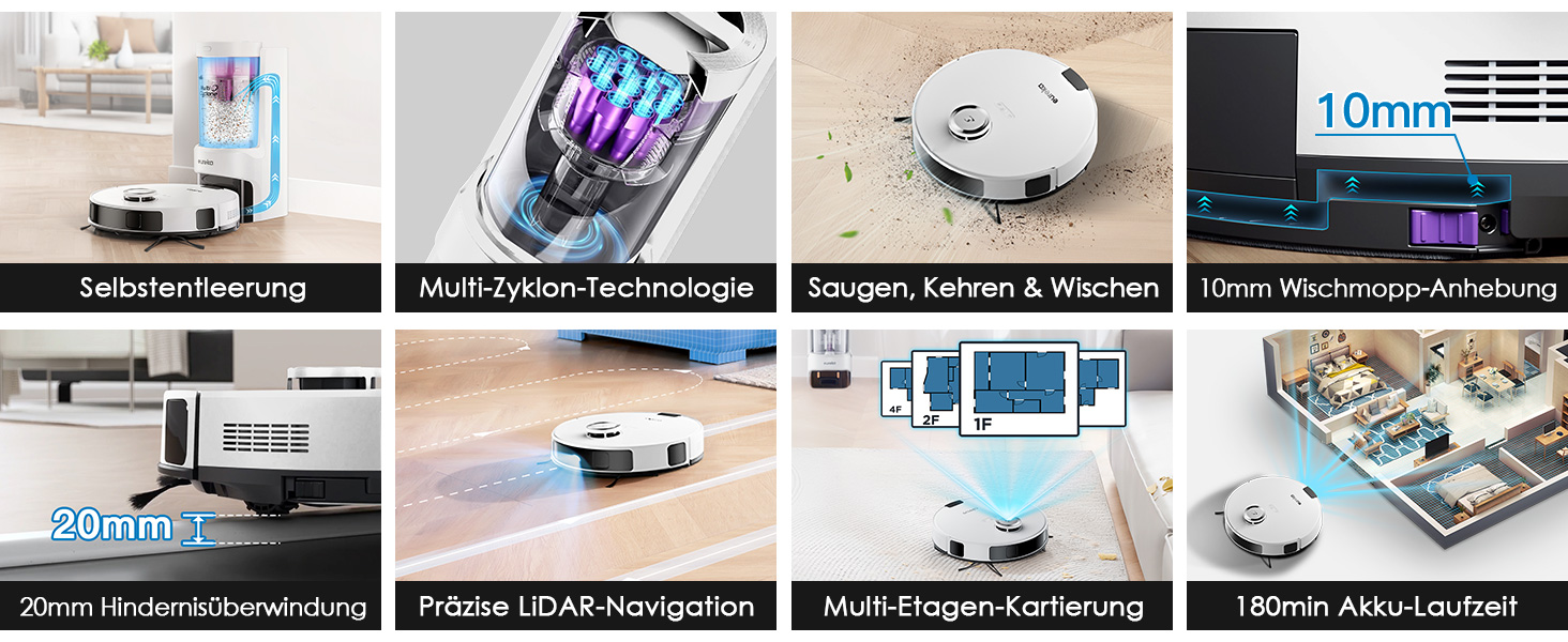 Робот-пилосос EUREKA E10s 2.Gen з вологою тканиною + станція самоочищення (4000Pa, автовиявлення килима, підйом мопа, LiDAR-навігація, ідеально для видалення шерсті тварин, керування через додаток/голос) (білий)