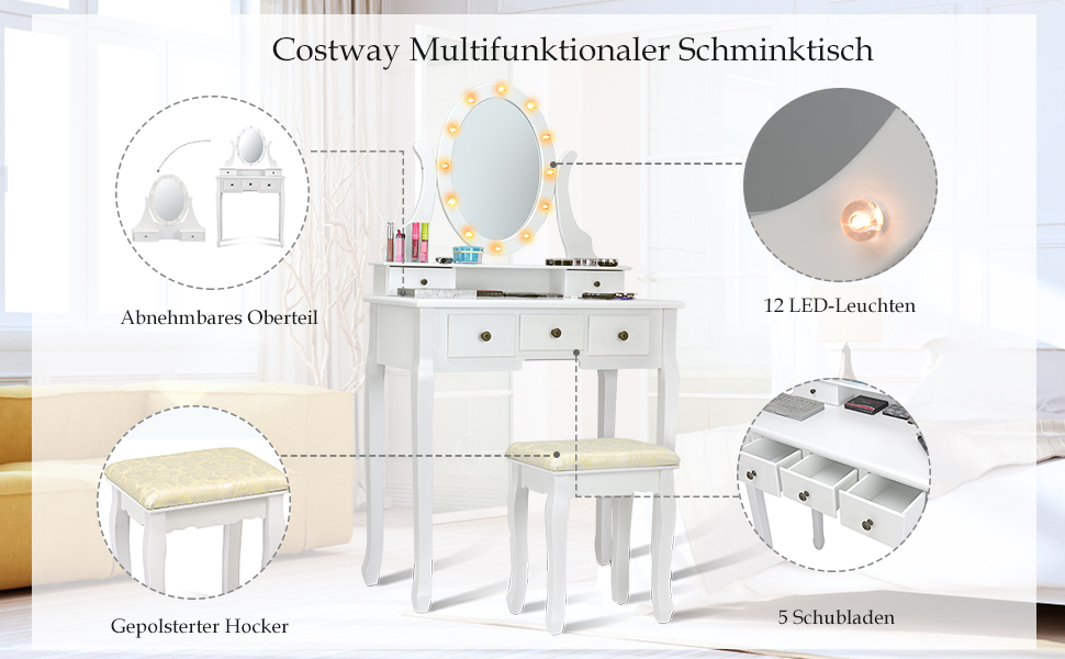 Набір туалетного столика COSTWAY зі світлодіодом, табурет, дзеркало, 5 ящиків, дерево, білий