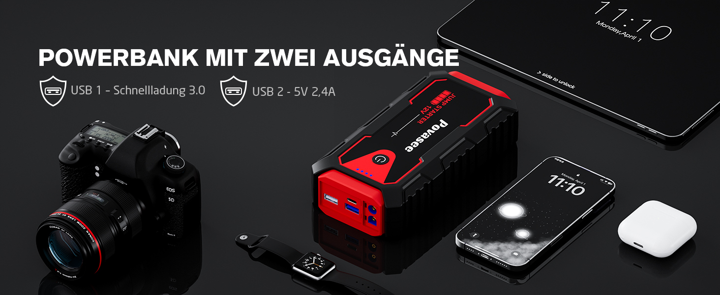 Пусковий пристрій (бустер) Povasee Starthilfe Powerbank 5000A для авто 12V, LCD-дисплей, USB-порти, для бензинових та дизельних двигунів до 10л, червоний