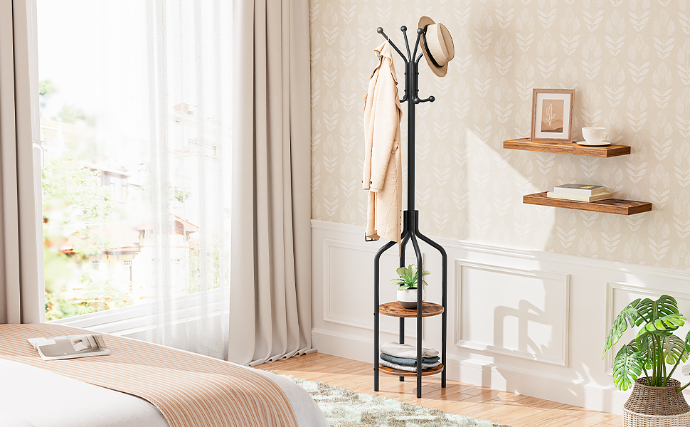 Стійка для одягу HOOBRO, вішалка для одягу з 2 круглими полицями, 8 гачків, 183 см, індустріальний стиль, сталеве каркас, багатофункціональна, для одягу, шарфів, капелюхів, сумок