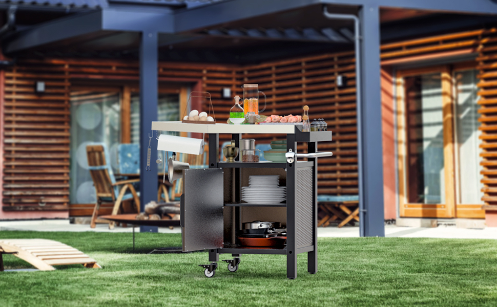 Столик для гриля Onlyfire, візок для барбекю з великою робочою поверхнею, з відкидними бічними полицями, з нержавіючої сталі, 143.5 x 56 x 91 см, двостулковий