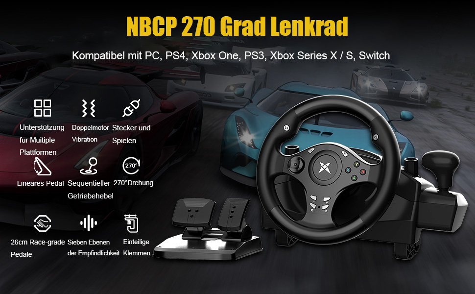 Ігровий кермо NBCP R270 з педалями, 270°, вібрація, для PC/PS3/PS4/Xbox One/Series X/S/Nintendo Switch – для гоночних ігор