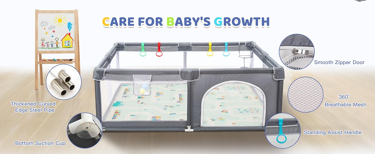 Манеж дитячий CHOLY для немовлят та малюків, 128x128 см (сірий з килимком 150x180 см) - безпечний, міцний, з сіткою та захистом