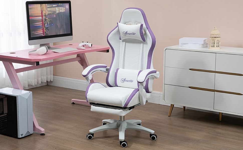 Крісло ігрове Vinsetto Ergonomic з регульованою підніжкою, спинкою 135°, підголівником та поперековою підтримкою, офісне, 360° обертання, PU, біле