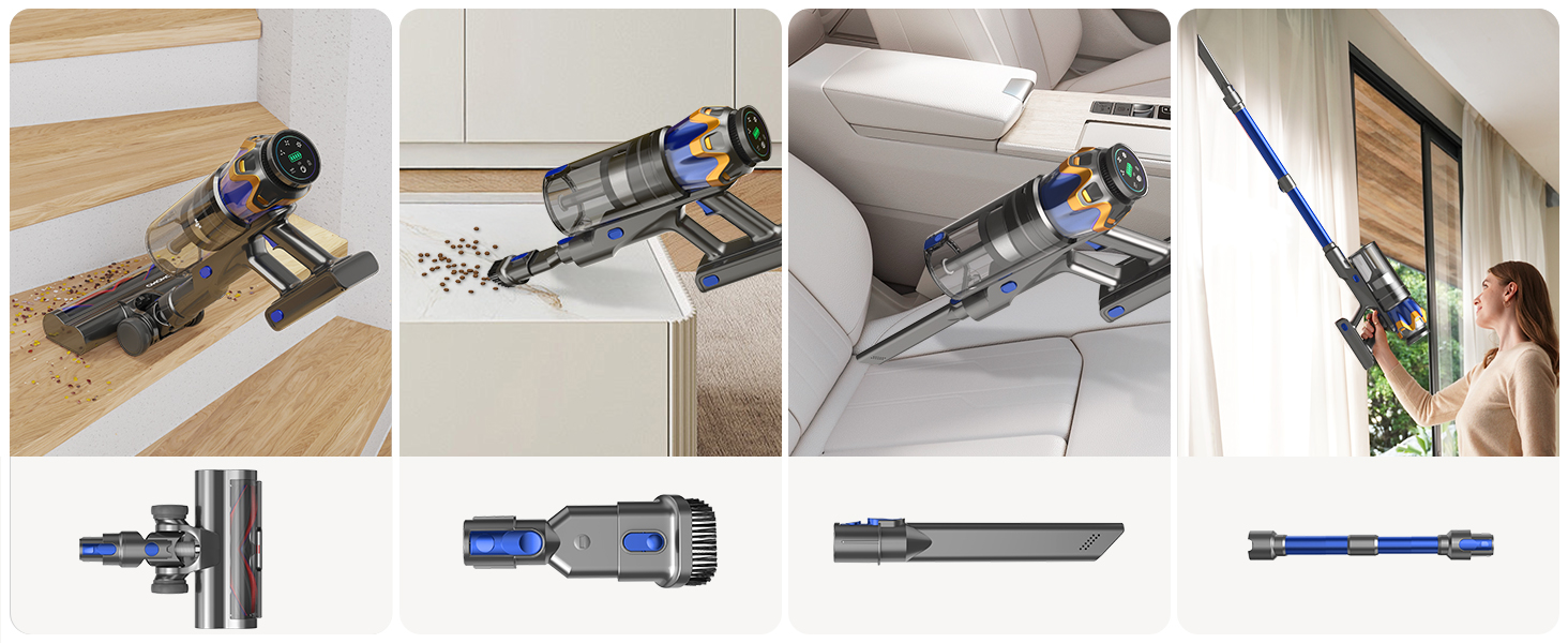 Бездротовий акумуляторний пилосос 45000 Па/550 Вт/65 хв, об'єм 1,6 л з дисплеєм, антизаплутана щітка, самостійна парковка, док-станція на стіні, 8-шарова фільтрація, тихий, для шерсті тварин/килимів/твердих поверхонь/автомобіля, блакитний