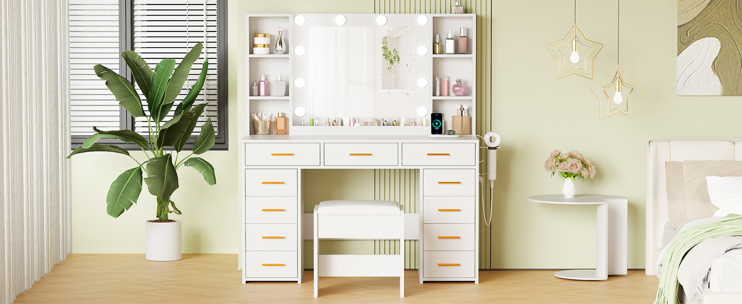Великий туалетний столик ANWBROAD з регульованою LED-підсвіткою та 11 ящиками. Сучасний туалетний столик з дзеркалом, розетками, 6 відкритими полицями. Комплект з пуфом. Білий колір, 140x110x40 см. Модель BDT86W