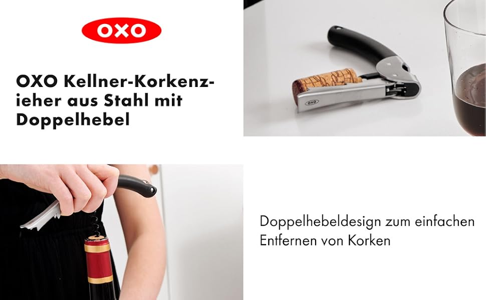 OXO Відкривачка для пляшок з нержавіючої сталі з віднімним різаком для фольги, чорна (відкривачка для кухні)