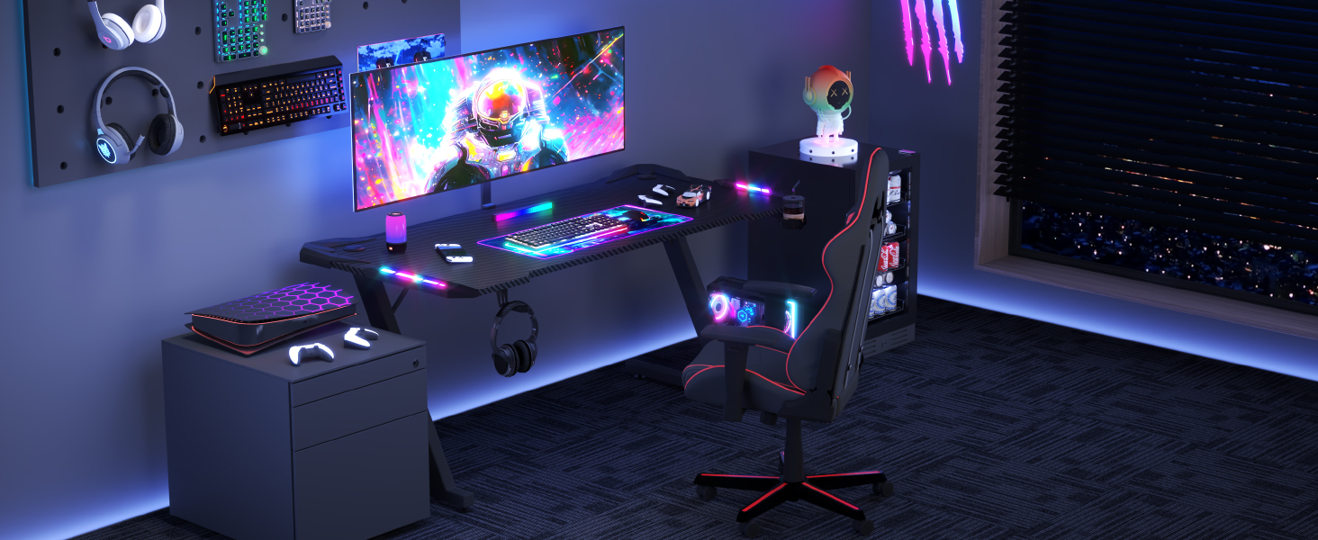 Ігровий стіл JUMMICO з RGB LED-підсвіткою, комп'ютерний стіл для геймерів та Home Office з тримачем для навушників та підстаканником, чорний (160x60 см)