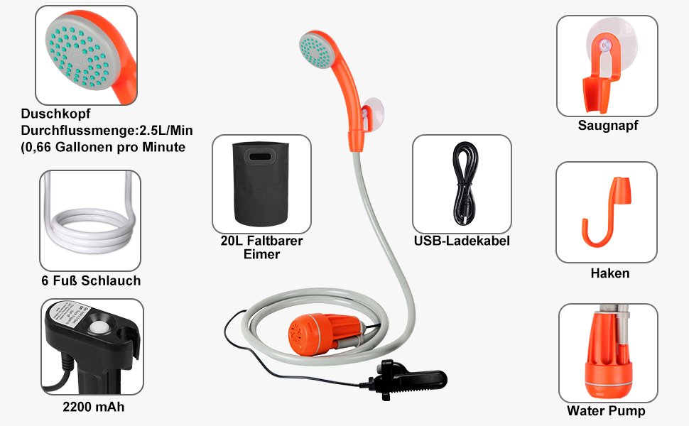 Портативний душ для кемпінгу з насосом, акумуляторна садова душова система 2200mAh, USB-кабель, шланг 1.8м, помаранчевий